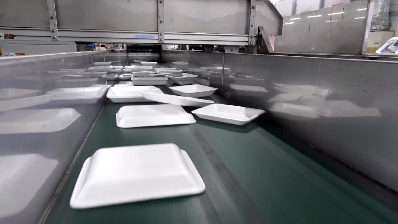 Used foam boxes are slowly moved along a belt after being cleaned.