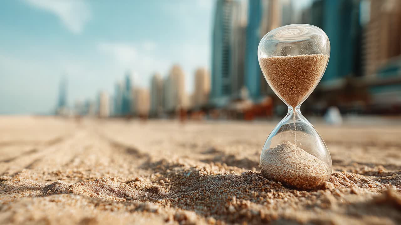 Una clessidra serena su una spiaggia circondata da grattacieli urbani, che riflette il passare del tempo in un contesto moderno con sabbia soffice e uno skyline cittadino lontano.