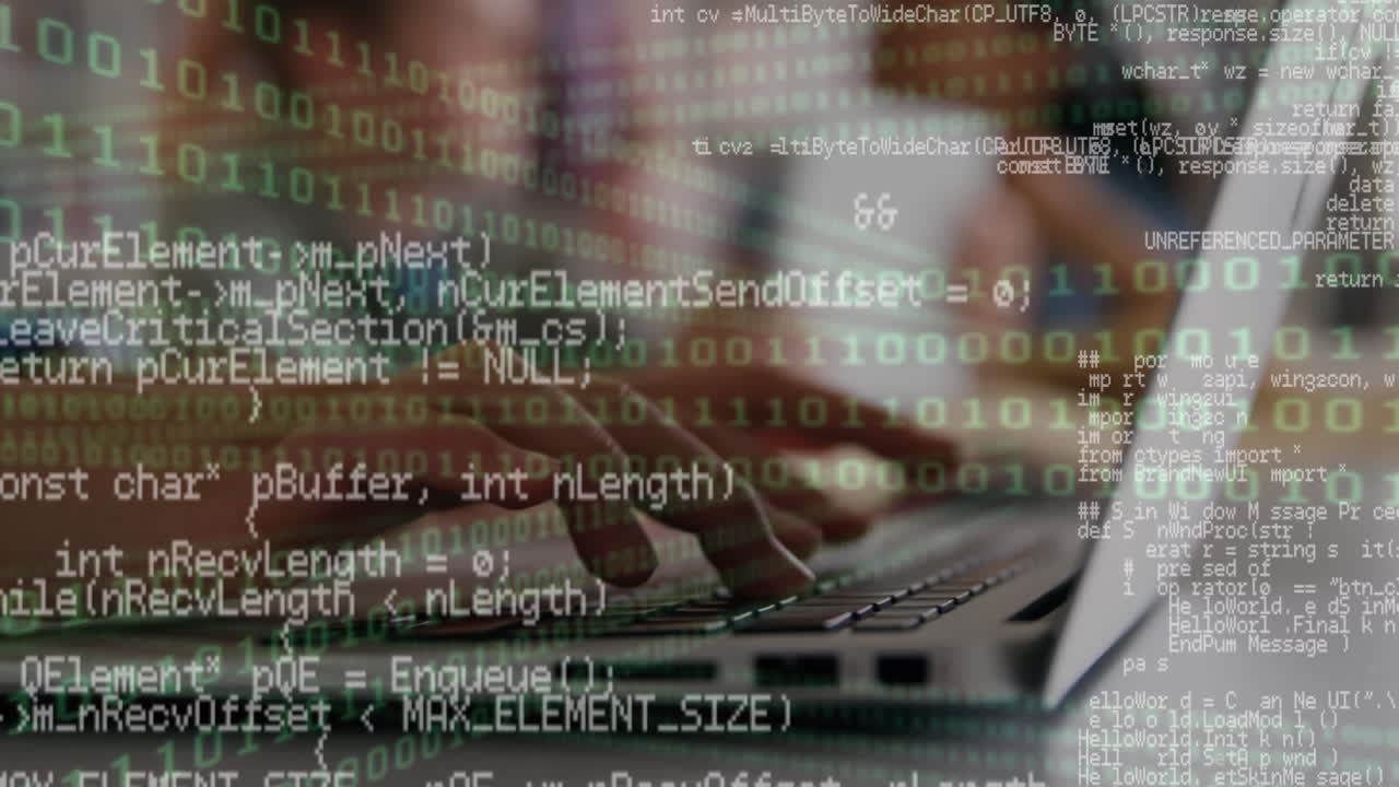 Digital composition of binary coding data processing against group of students using laptop