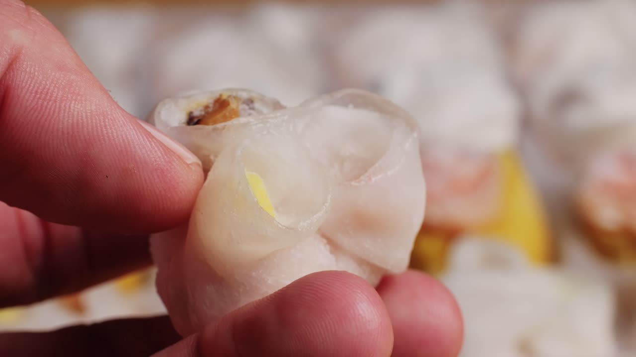 Various of frozen dim sum close-up macro. Food to take away. Chinese dessert food. Dimsum with shrimps, fish and meat. Dish in a cafe. Delivery