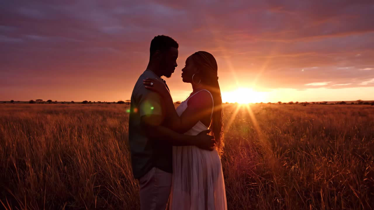Couple Embracing in a Field at Sunset