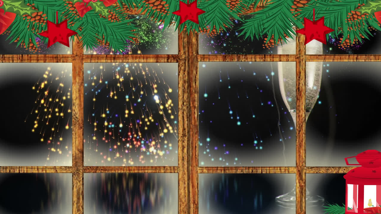 창문을 통해 볼 수 있는 새해 이브의 애니메이션