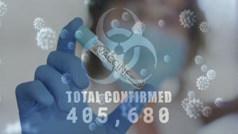 Animation-of-biohazard-sign-covid-19-cells-total-confirmed-rising-with-masked-woman-in-lab