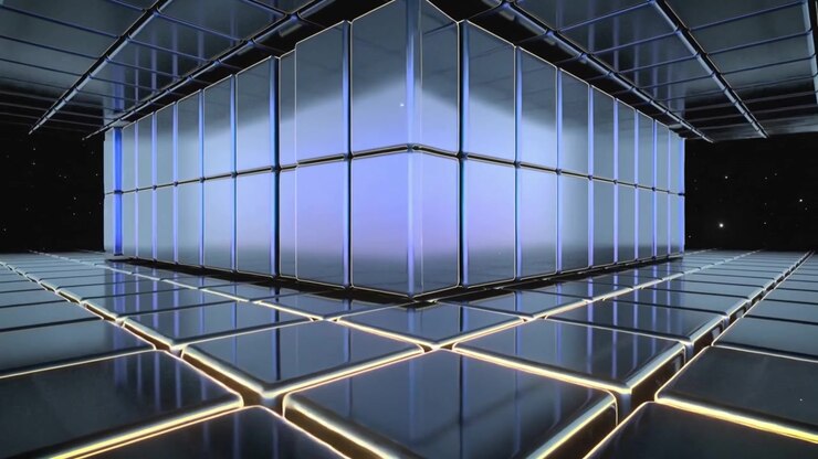 Telecamera in movimento che si sposta verso un cubo illuminato su un pavimento piastrellato lucido in una camera virtuale, rivelando le giunture.