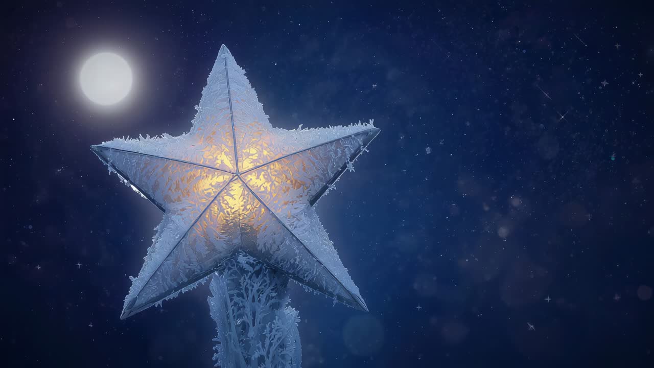 Moon appearing, frosted five-point star on post pulsing warm light against night with snow
