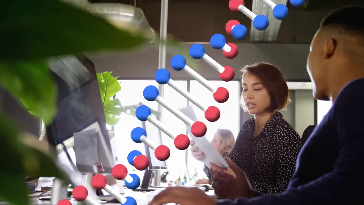 사무실에 있는 사업가들 위에 있는 dna 줄기의 애니메이션