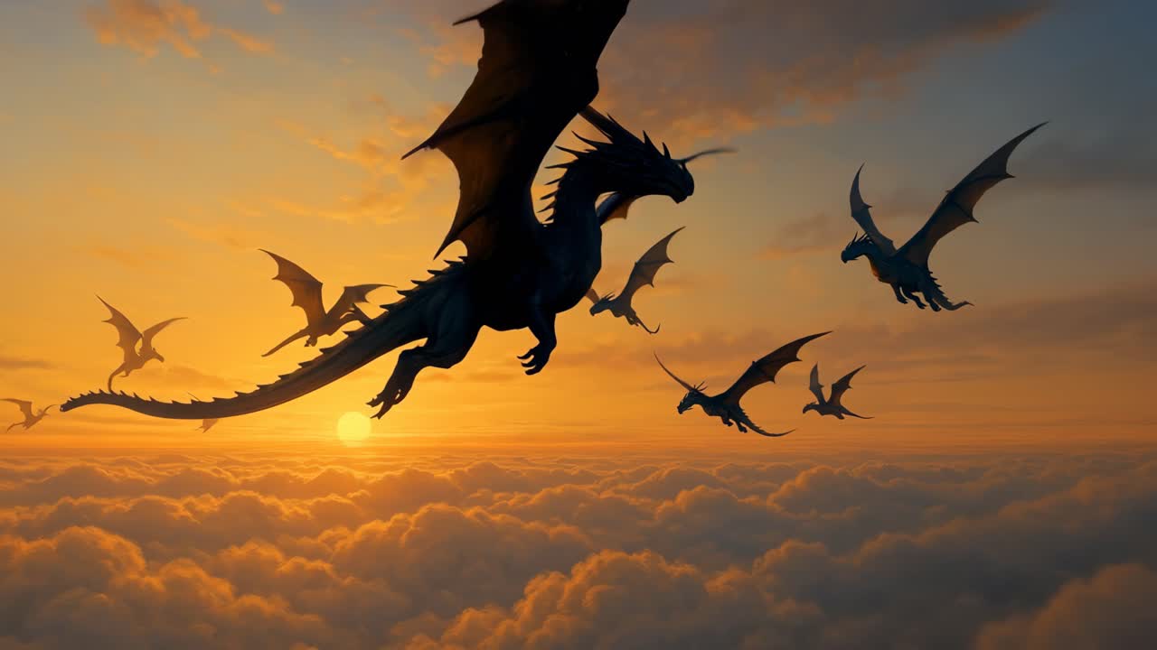 壮大なファンタジーシーン、夕焼け空の雲の上を舞い上がる龍