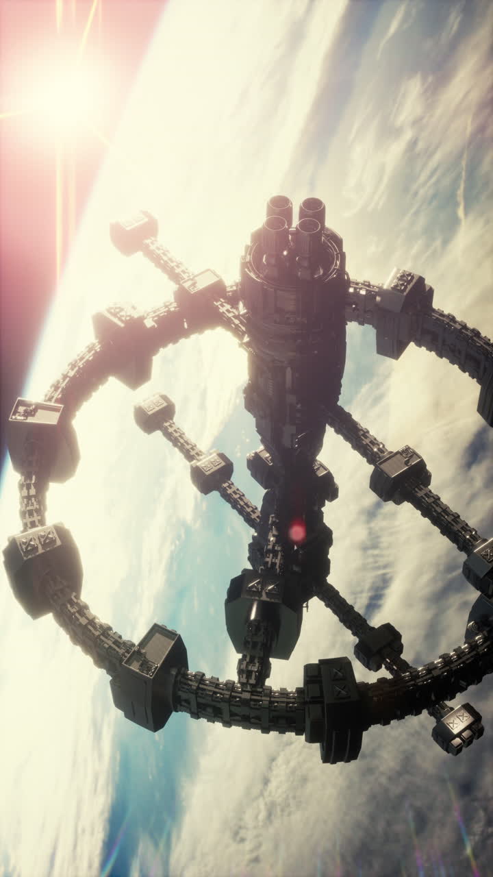 A futuristic space station in orbit around Earth