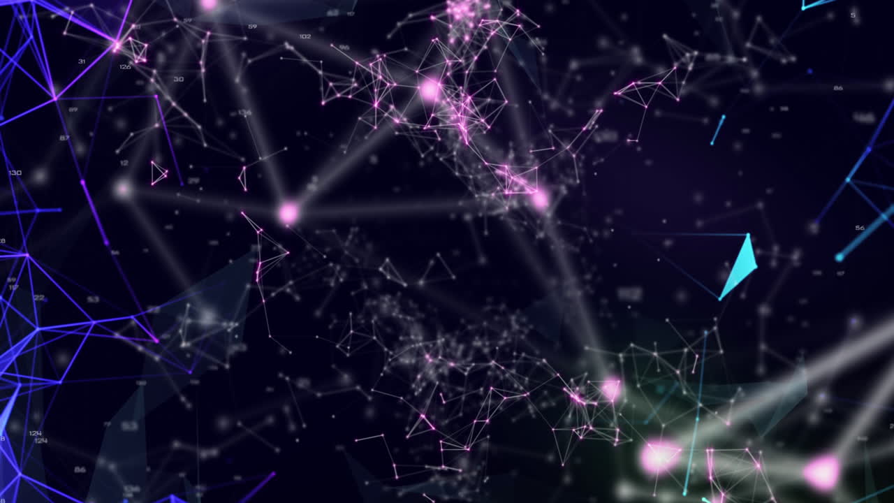 Animation of a colourful QR code with blue floating webs of connection