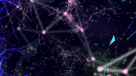 animación de un código qr colorido con redes flotantes azules de conexión