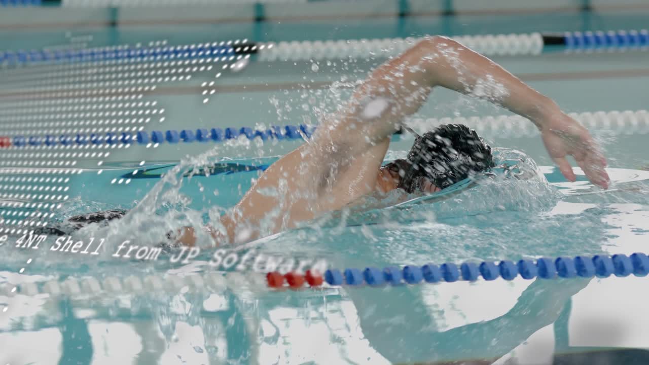 Nageur apparaissant avec une superposition de code pulsant révélant des ondulations, faisant des longueurs en nage libre pour la technologie sportive.