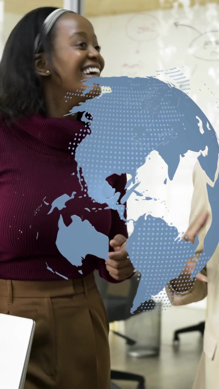 Vertical video: Rotating globe revealing tablet woman walking into office, team discussing project