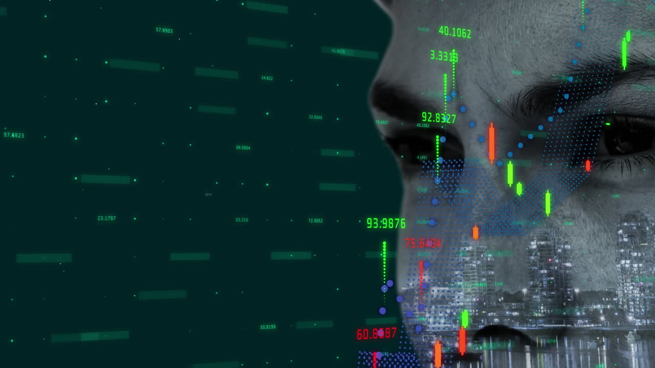 Animation of financial data processing over close up of woman against green background