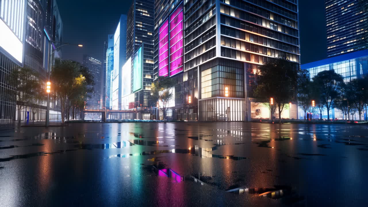 Futuristic City Night Scene with Vibrant Neon Reflections