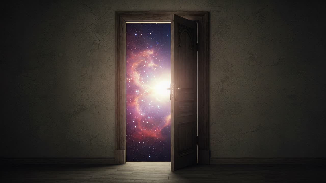 A Mysterious Door Opens to a Cosmic Portal, Revealing a Colorful Galaxy Filled with Stars and Nebulas, Inviting Wonder and Exploration Beyond the Mundane World