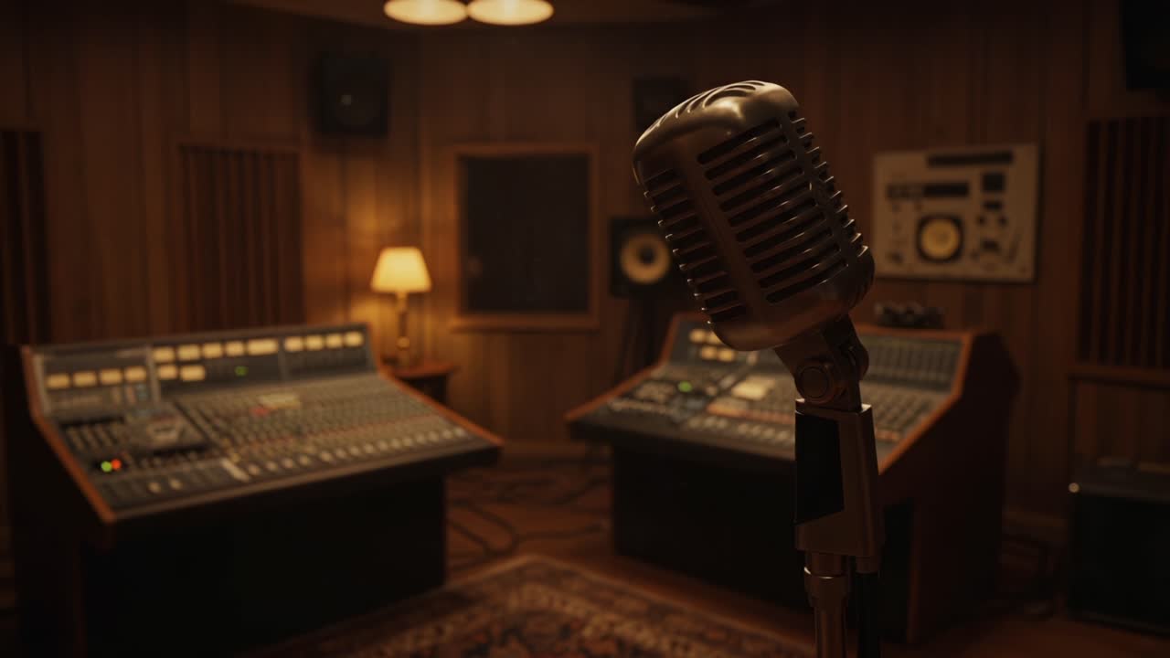 A Retro Microphone in an Elegant Recording Studio Captures the Creative Essence of Music Production in a Mood Setting Perfect for Inspiration
