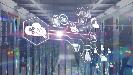 Animation-of-network-of-connections-with-icons-over-a-data-center