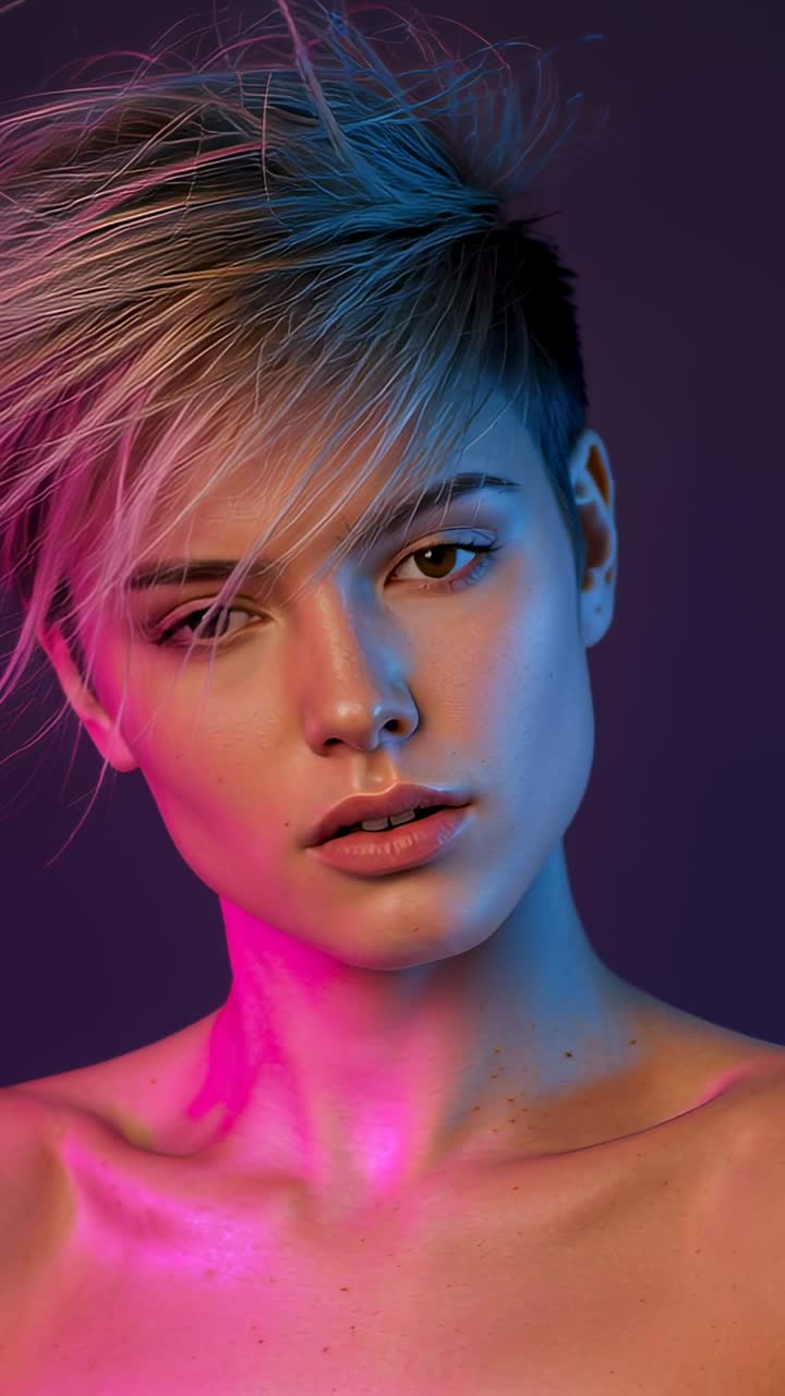 Video verticale: Modella a spalle scoperte con un ventilatore che soffia, che inclina la testa e chiude gli occhi in studio con gel magenta e ciano