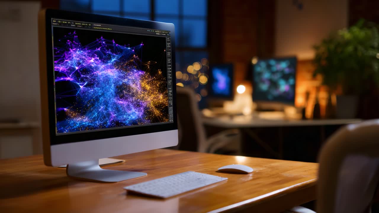 Farverig digital kunst på computerskærm mod et hyggeligt kontormiljø om natten, oplyst af varme lys og med et farverigt abstrakt design