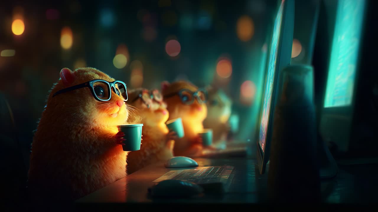 A Group of Adorable Hamsters in Glasses Enthusiastically Watching a Screen While Enjoying Drinks in a Cozy and Warm Environment at Night, Capturing a Fun and Playful Atmosphere