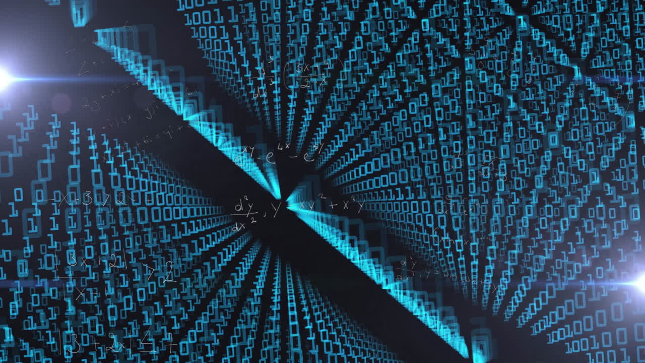 Forming digital tunnel, glowing blue lines and geometric patterns in animation