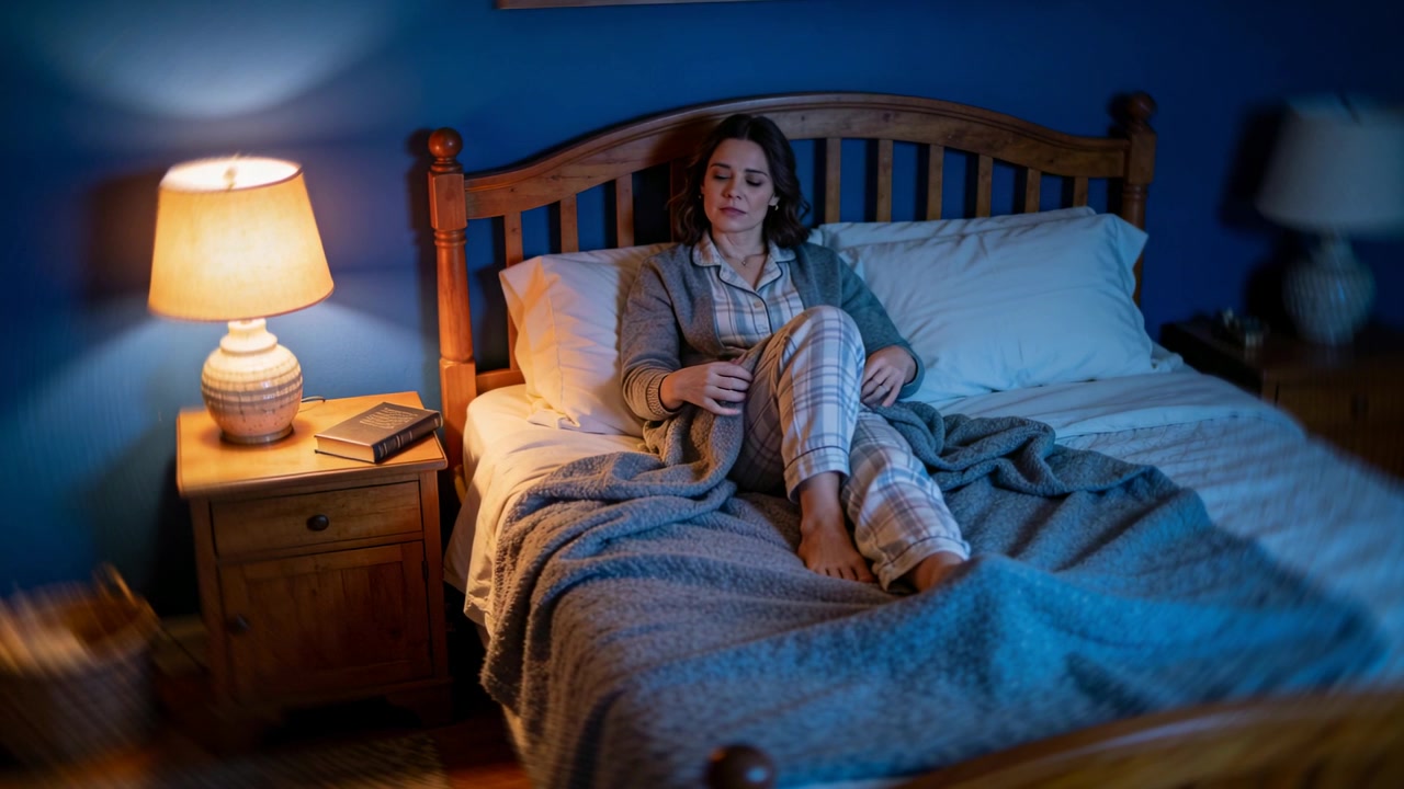 Shifting woman in plaid pajamas adjusting blanket on knees in bedroom, responding to lamp light