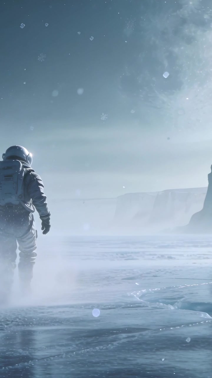Vertical video: Walking astronaut across icy plain toward cliffs, seeking data, carrying life pack