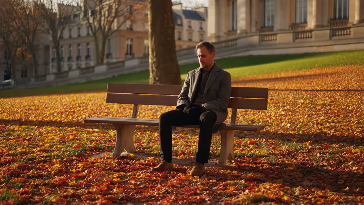 Man Sitting Alone on a Park Bench Amidst Autumn Leaves