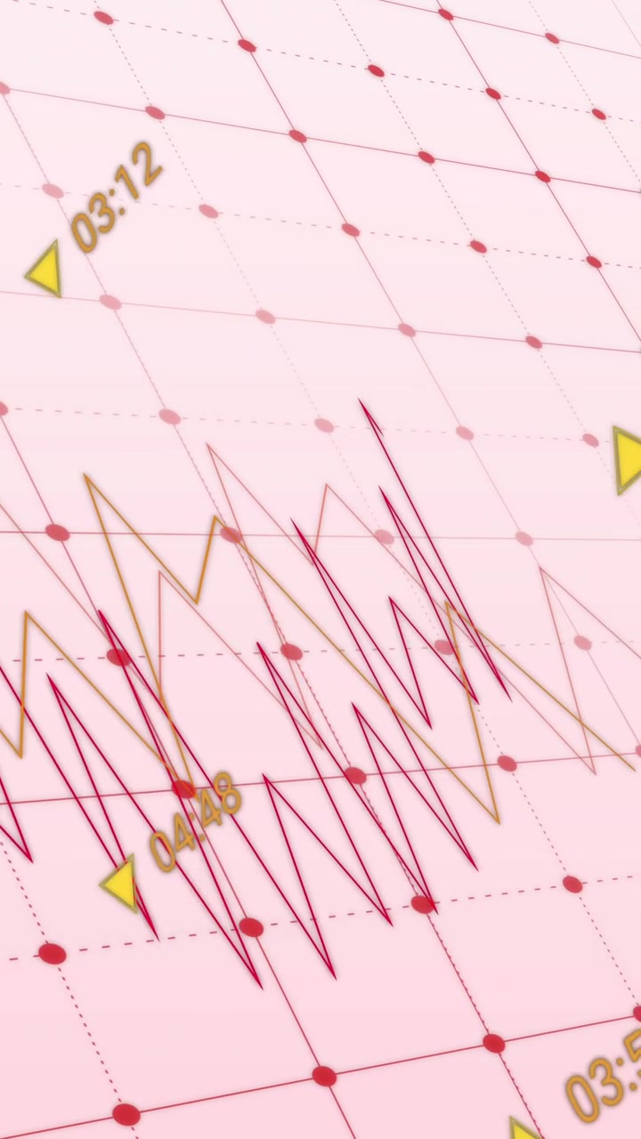 Animation of changing numbers and graphs over grid pattern against pink background
