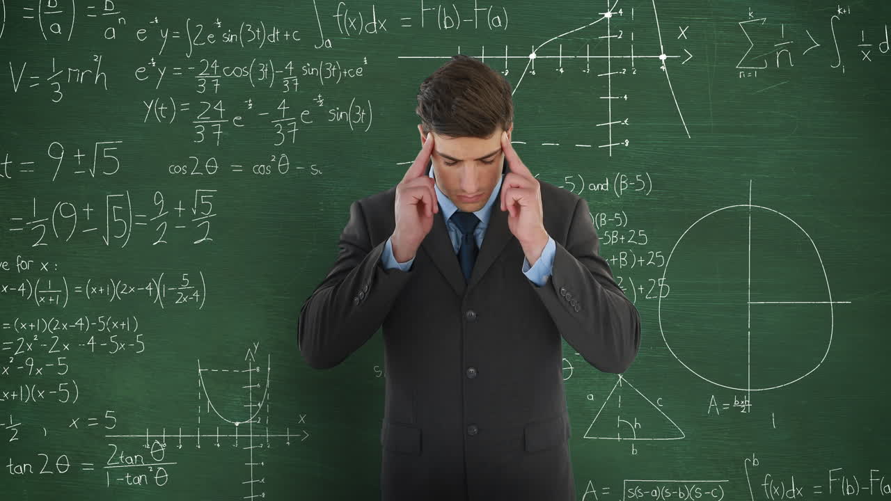 Man massaging her temples in front of chalkboard with moving math calculations