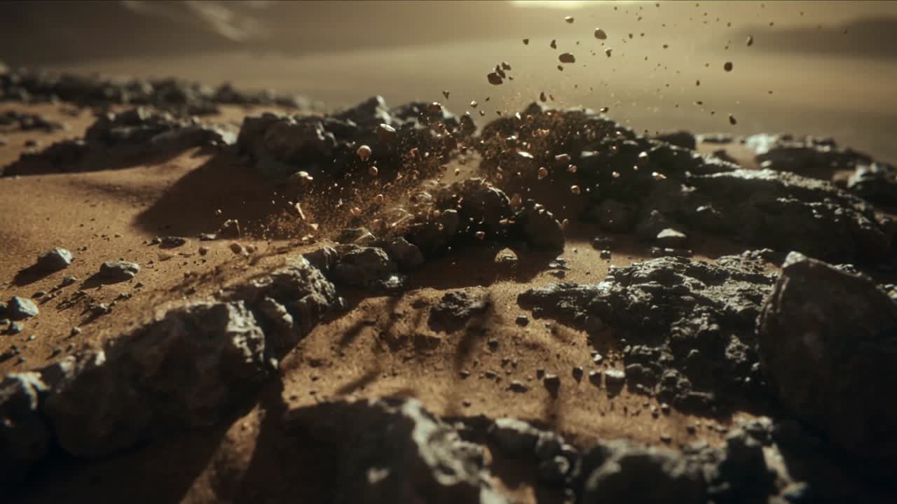 Rilascio di detriti, canale centrale che trasporta ciottoli e polvere attraverso una pianura desertica rocciosa, con il sole basso.