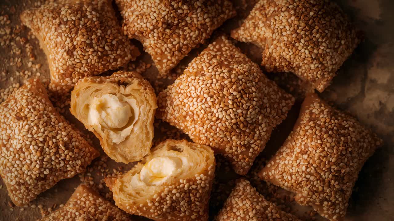 Camera gently zooming parchment tray of sesame squares, revealing halved pastry with creamy filling