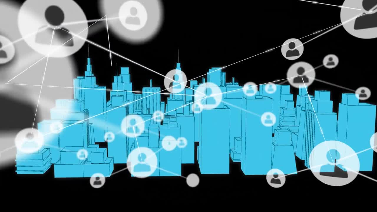 검은 바탕에 회전하는 3d 도시 그림 위에 아이콘으로 연결된 네트워크의 애니메이션