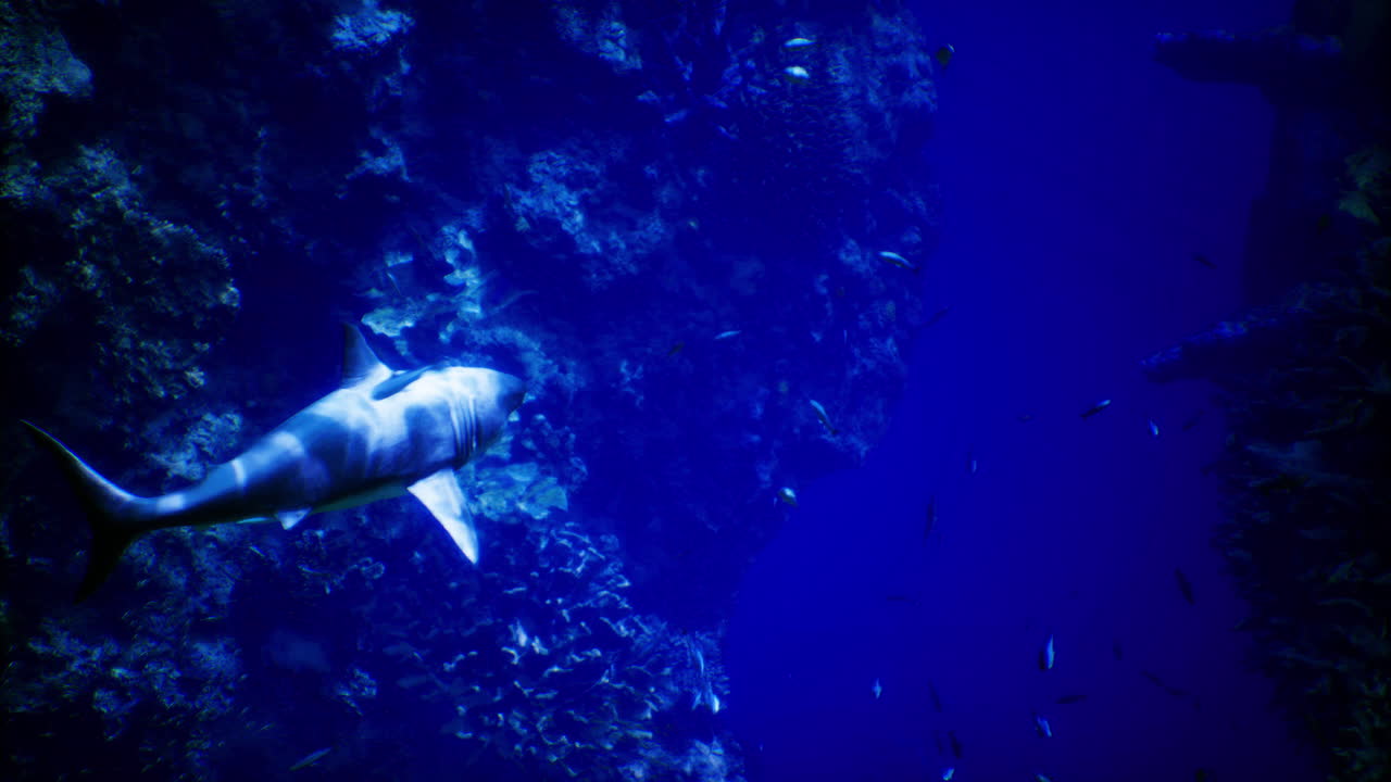 Shark swimming in deep blue ocean waters near coral reef habitat