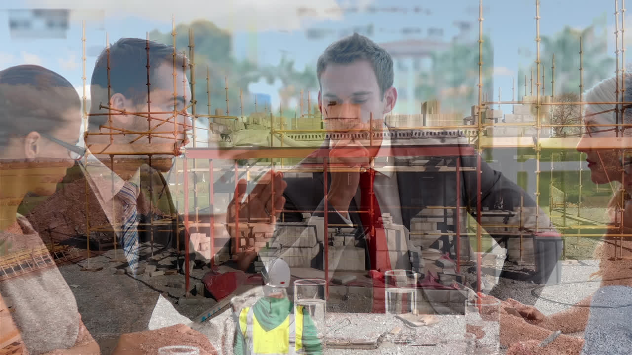 백인 엔지니어 그룹에 대한 건설 현장의 애니메이션