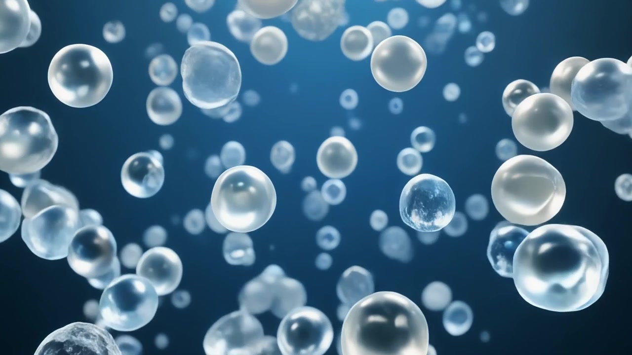 Sfere e bolle galleggianti astratte in liquido blu.