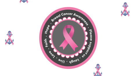 animation of multiple pink ribbon anchor logo falling over breast cancer text appearing on white