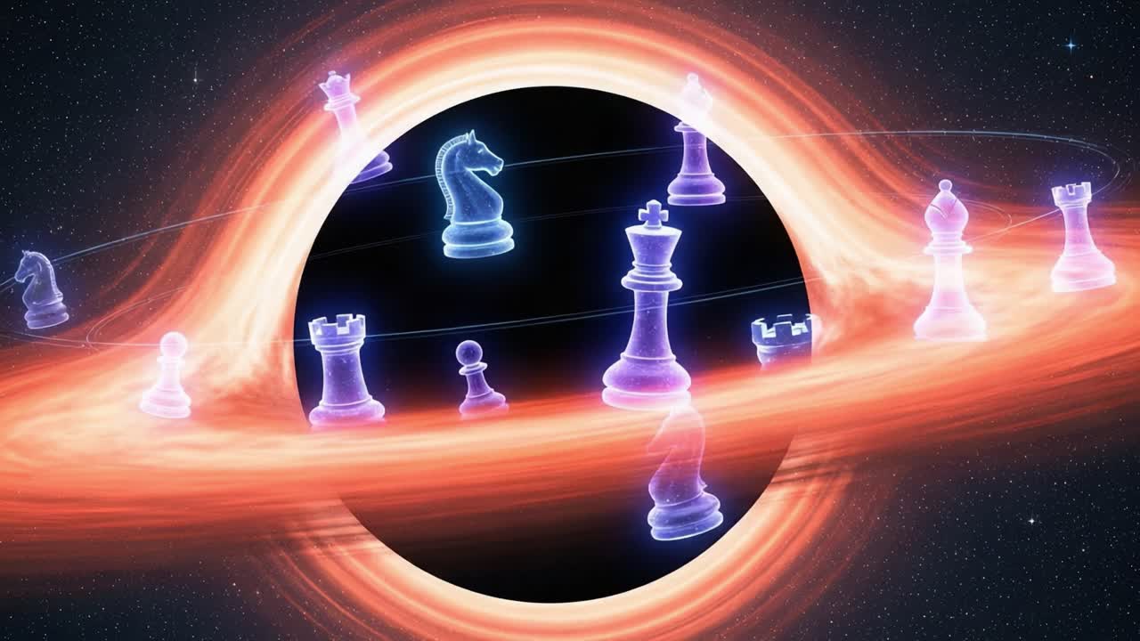 A Cosmic Chessboard: Illuminated Chess Pieces Orbiting a Black Hole in a Mystical Space Scene Illuminating the Endless Strategy of the Game