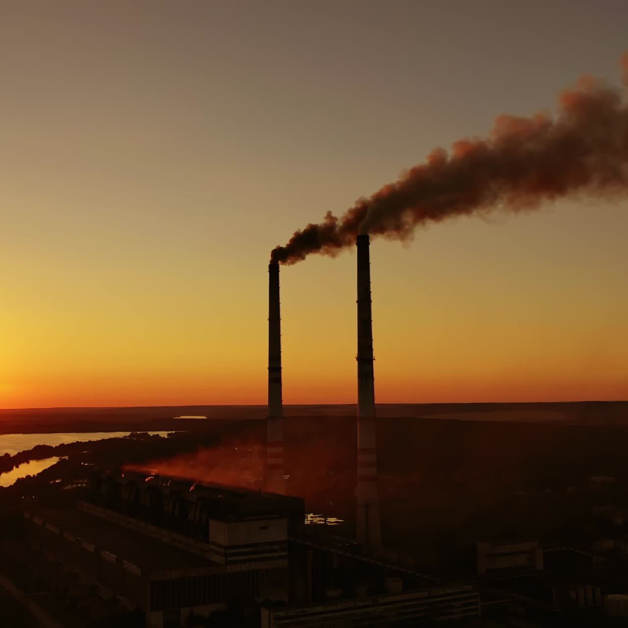 Smokestack in factory with yellow cloudless sky. Sunset above modern factory. Panoramic video with drone.