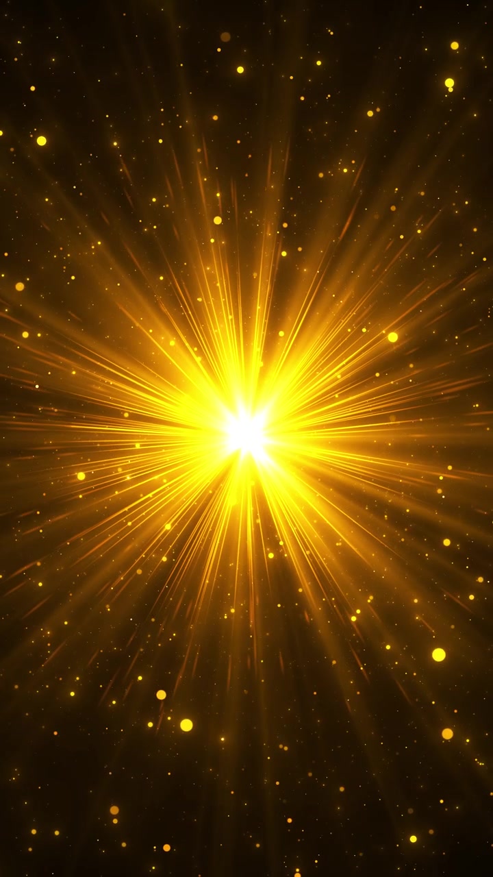Bright golden light burst background with intense central glow flying particles and radiant