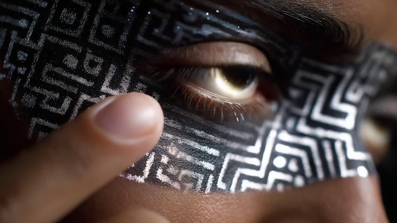 Close-up of a human eye adorned with intricate black and white patterns, showcasing striking details of the skin, the expressive gaze, and the unique application of artistic designs enhancing the beauty of the subject