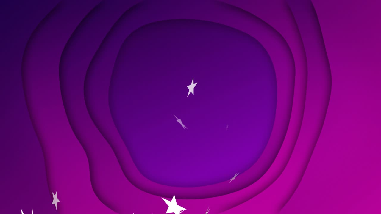 Purple ringed cutout holding center, stars spawning at base and scattering inward, forming parallax