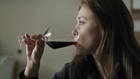 caucasian woman with problems drinking red wine at home.