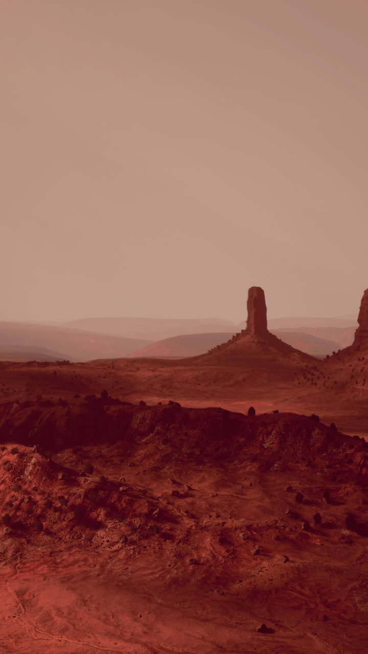 A desolate red desert landscape on Mars, with rocky formations and a distant horizon