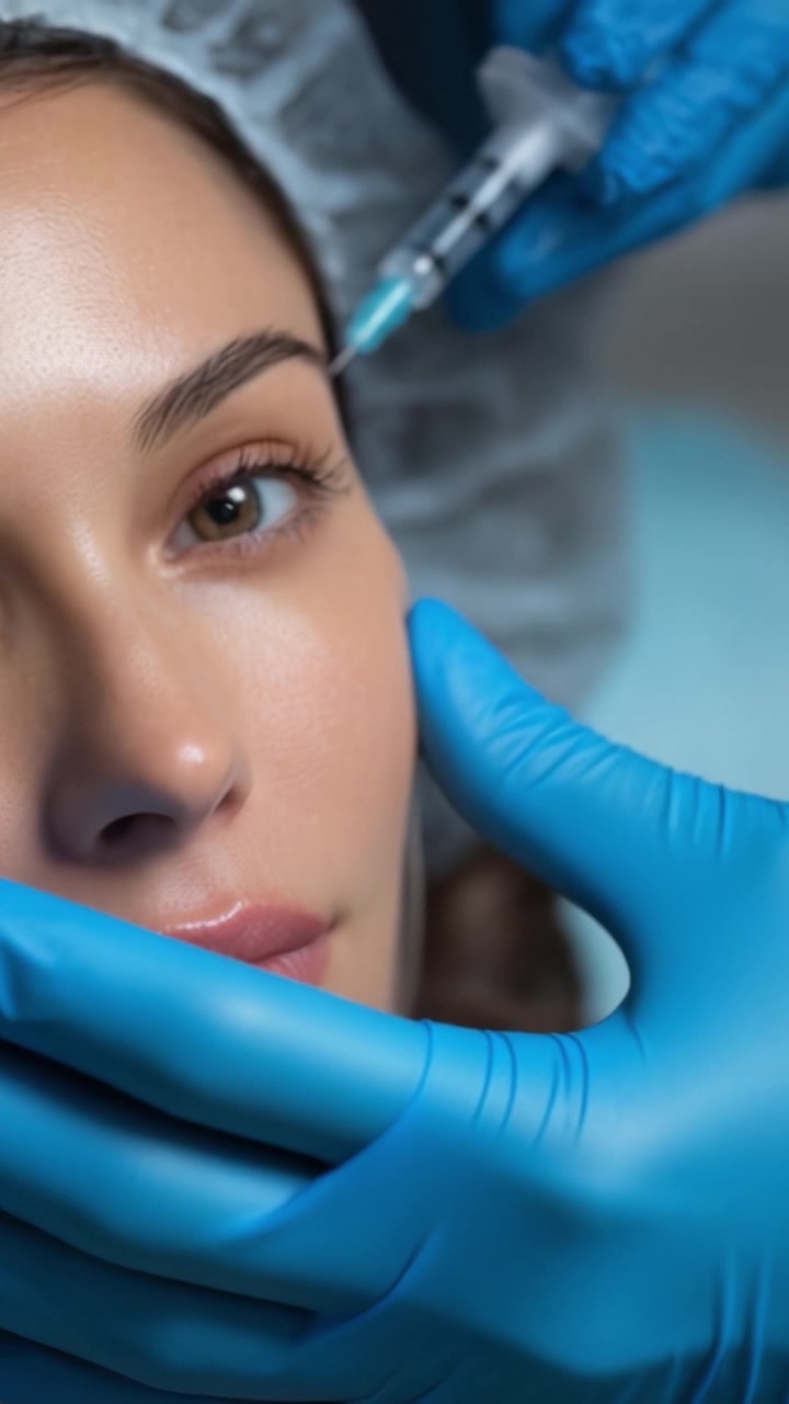 Procedura estetica: Primo piano di una bella donna che riceve un'iniezione facciale in un ambiente clinico, che ritrae un momento di trattamenti per la cura della pelle e di bellezza