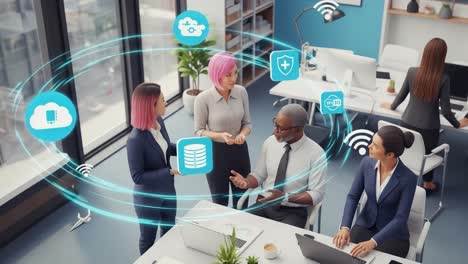 engaging business meeting: collaborative discussion on data management and technology solutions in a modern office environment with diverse professionals