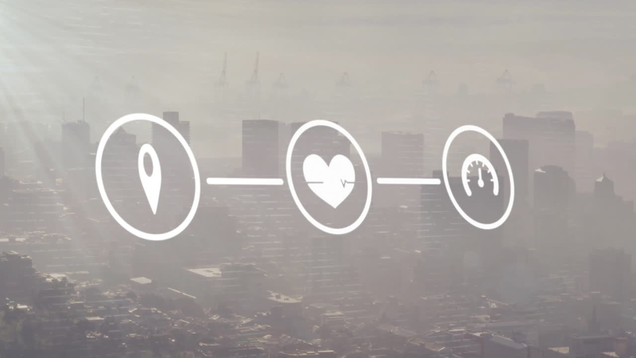 현대 도시 풍경 위에 gps, 건강 및 데이터 로딩 아이콘의 네트워크 애니메이션