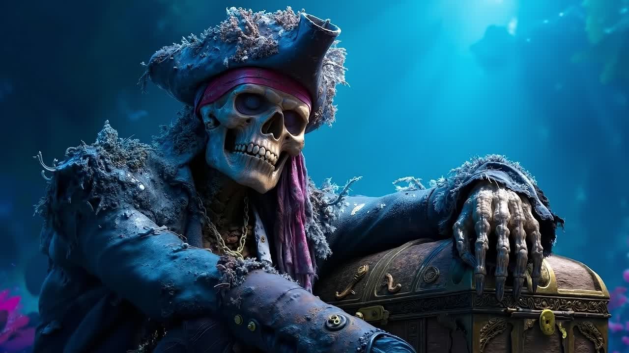 A skeleton in a pirate costume holding a chest in the ocean