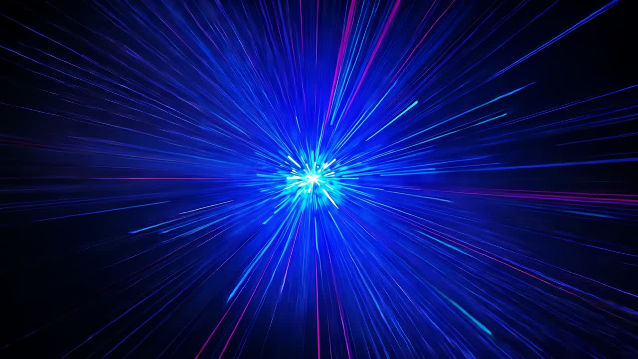 Pulsating central luminous blue core sending radial streaks outward through void, forming starburst