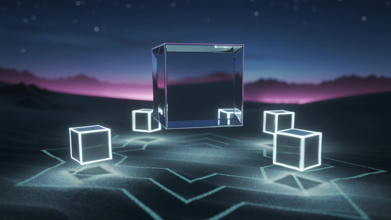 Lowering clear glass cube aligning with lit base cube as ground glyphs pulsing, neon cubes glowing
